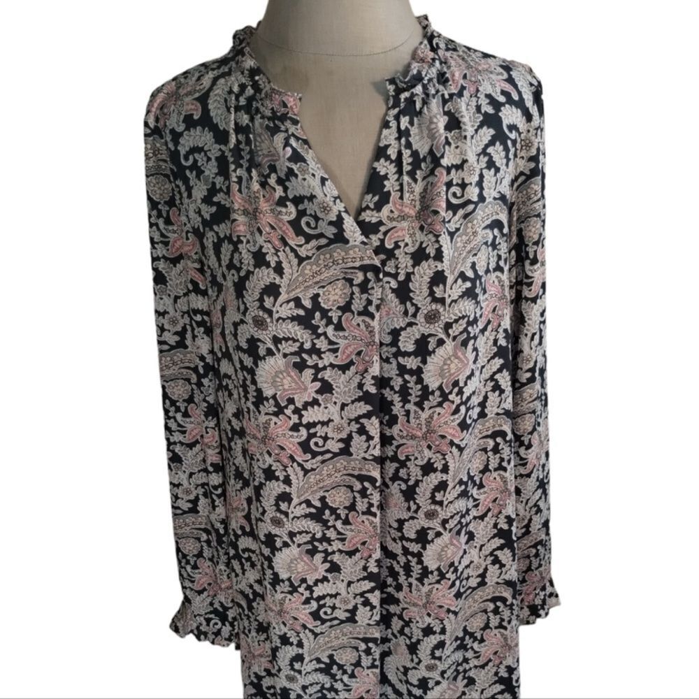 LOFT 26 Gray Pink White Paisley Floral Prairie Long Sleeve Slip Dress